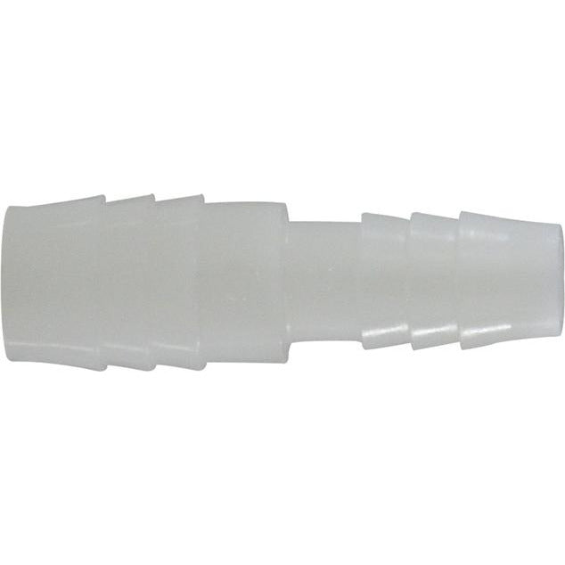 A white nylon barbed hose splicer connector. -1/4 Barb x 3/16 Barb Nylon