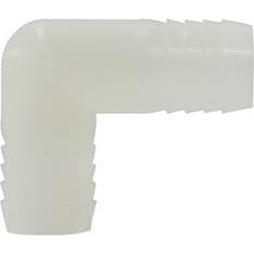 A white nylon hose barb union elbow fitting with a 90-degree bend, designed for connecting flexible tubing in fluid and air systems.