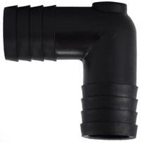 A black polyethylene hose barb union elbow fitting.