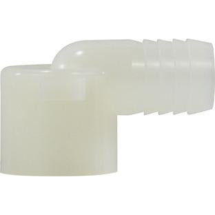 A white nylon elbow hose barb fitting, designed for 90-degree directional changes in tubing, with barbed connections on both ends.