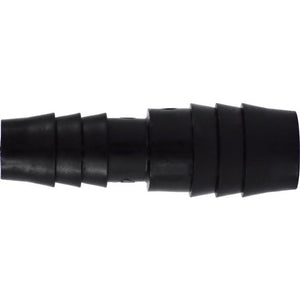 Black polyethylene reducer hose barb union with barbed ends for connecting flexible tubing.