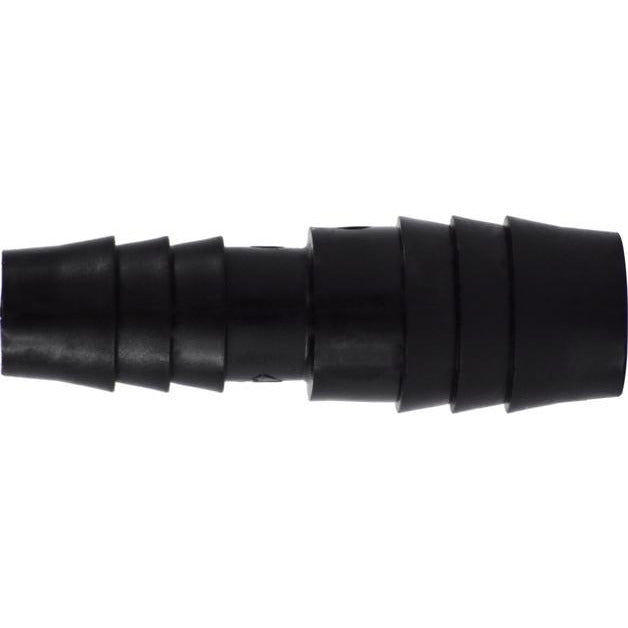 Black polyethylene reducer hose barb union with barbed ends for connecting flexible tubing.