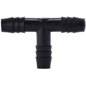 A black polyethylene hose barb tee fitting with barbed connections for tubing. 5/8 Black Polyethylene Hose Barb Tee