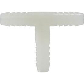 A white nylon hose barb tee plumbing fitting with barbed connections on three ports. 3/4 White Nylon Hose Barb Tee