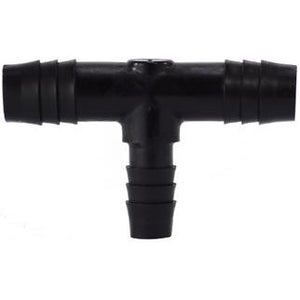 Black polyethylene reducing hose barb branch tee fitting with barbed ends for plumbing connections. 1/2 x 3/8 Black Polyethylene Reducing Hose Barb Branch Tee