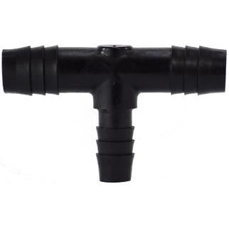 Black polyethylene reducing hose barb branch tee with barbed ends for plumbing connections. 3/4 x 1/2 Black Polyethylene Reducing Hose Barb Branch Tee