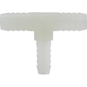 A white nylon reducing hose barb branch tee fitting with barbed ends for plumbing connections. 1/2 x 3/8 White Nylon Reducing Hose Barb Branch Tee