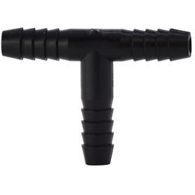 A black polypropylene hose barb tee fitting with barbed connections on all three ports. 1-1/2 Polypropylene Hose Barb Tee