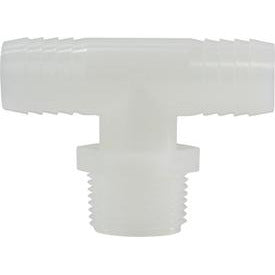 A white nylon T-shaped plumbing fitting with 2 hose barbed ends and 1 MIP threaded end. 5/8 Hose x 3/4 Male Iron Pipe Tee White