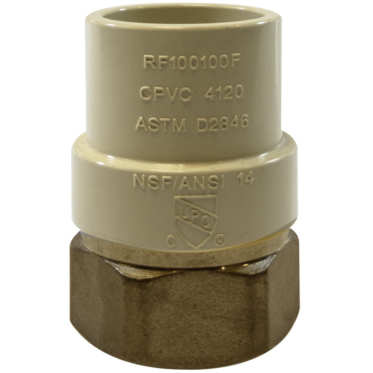 A beige CPVC and brass female adapter with product codes and branding visible on the surface - Lead-Free 1-1/2 Chlorinated Polyvinyl Chloride x 1-1/2 Brass Female Iron Pipe Adapter