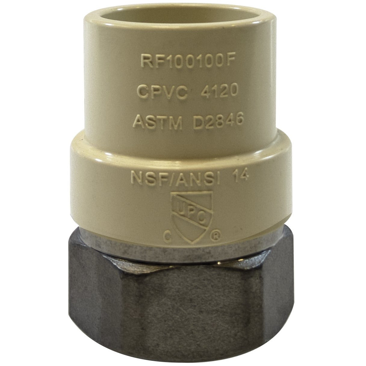 A beige CPVC female adapter with 'ASTM D2846' and 'NSF61-4/ANSI 14' printed on the side - 3/4 Chlorinated Polyvinyl Chloride x 3/4 Female Iron Pipe Stainless Steel Adapter
