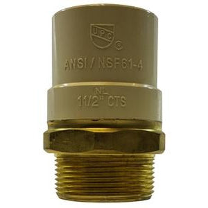 A gold-colored brass male adapter with NSF/ANSI 14 UPC marking and 1/2 inch NH thread specifications - Lead-Free 1/2 Chlorinated Polyvinyl Chloride x 1/2 Brass Male Iron Pipe Adapter
