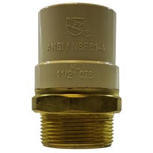 A gold-colored brass male adapter with NSF/ANSI 14 UPC marking and 1/2 inch NH thread specifications - Lead-Free 1/2 Chlorinated Polyvinyl Chloride x 1/2 Brass Male Iron Pipe Adapter
