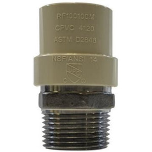A gray CPVC male adapter with 1/2 inch size, labeled with 'ASTM D2846' and 'NSF61-4/ANSI 14' - 1/2 Chlorinated Polyvinyl Chloride x 1/2 Male Iron Pipe Stainless Steel Adapter
