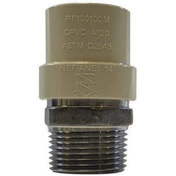 A gray CPVC male adapter with 1/2 inch size, labeled with 'ASTM D2846' and 'NSF61-4/ANSI 14' - 1/2 Chlorinated Polyvinyl Chloride x 1/2 Male Iron Pipe Stainless Steel Adapter
