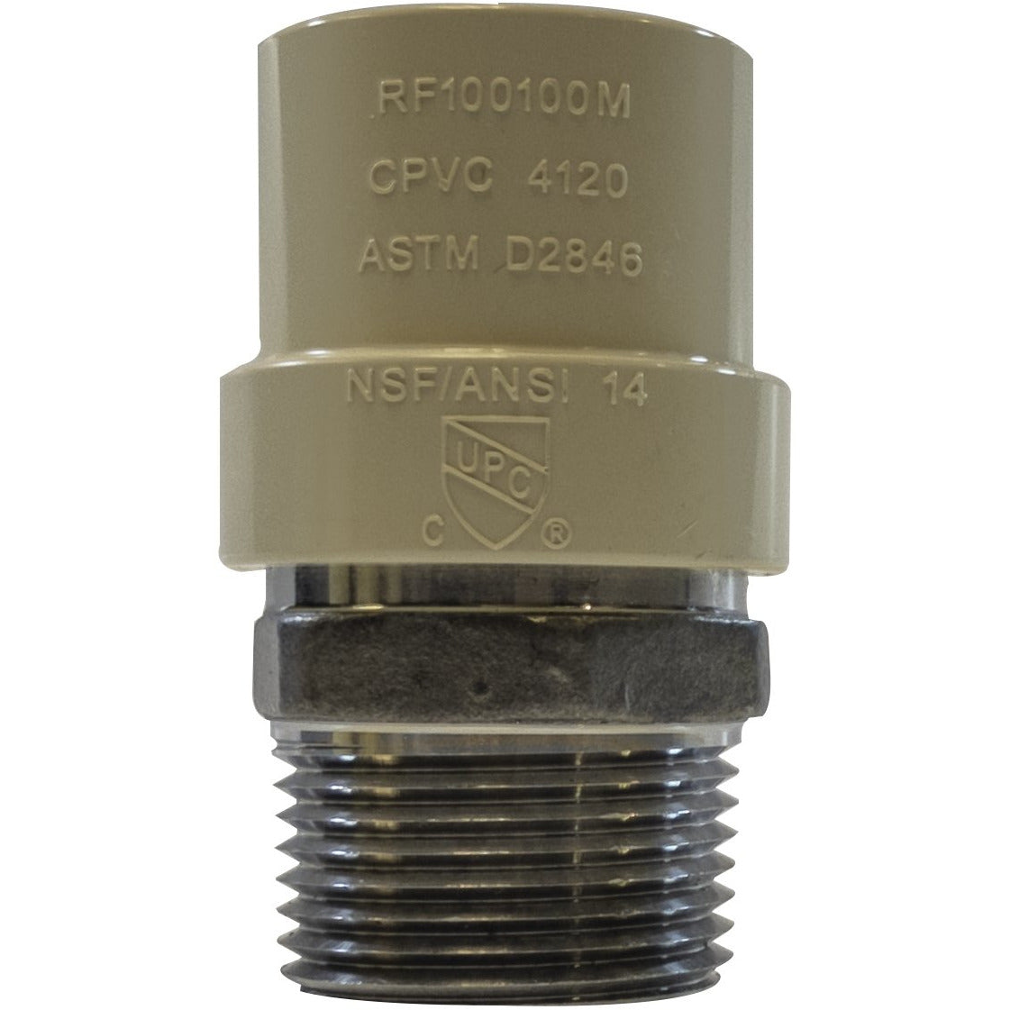 A beige CPVC male adapter with threaded end and embossed specifications - 1 Chlorinated Polyvinyl Chloride x 1 Male Iron Pipe Stainless Steel Adapter