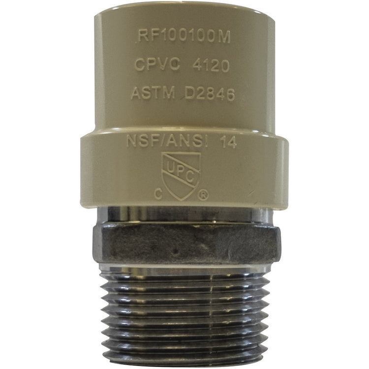 A beige CPVC male adapter with threaded end and labeling including 'ASTM D2846' and 'NSF61-4' - 1-1/4 Chlorinated Polyvinyl Chloride x 1-1/4 Male Iron Pipe Stainless Steel Adapter