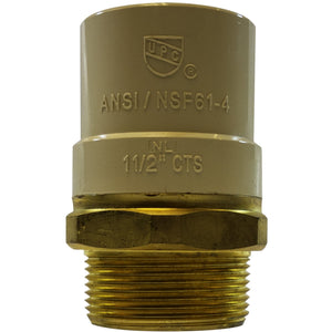 A gold-colored brass male adapter with NSF61-4/ANSI 14 and 11/12 inch CTS markings - Lead-Free 2 Chlorinated Polyvinyl Chloride x 2 Brass Male Iron Pipe Adapter