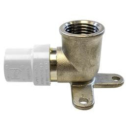 A white CPVC drop ear elbow with a stainless steel interior and a metal screw fitting for piping connections - 1/2 Drop Ear Elbow Chlorinated Polyvinyl Chloride x Stainless Steel