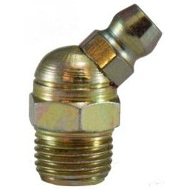 A 45-degree angled national pipe thread grease fitting, with a metallic finish, commonly used for lubrication in mechanical systems - 1/8-27 National Pipe Thread 45 Grease Fitting