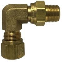 A brass 90-degree elbow air brake fitting with a male iron pipe thread, designed for use with nylon tubing in pneumatic systems - 1/2 x 3/8 Nylon Air Brake x Male Iron Pipe Swivel 90° Elbow