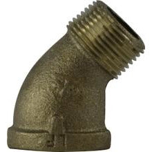 A bronze-colored 45 degree street elbow pipe fitting with one male-threaded end and one female-threaded end - 1/4 Lead-Free Imported 45 Degree Street Elbow