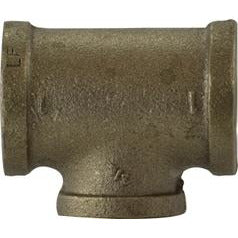 A black brass reducing tee plumbing fitting with a T-shaped design, showing three different connection sizes. 1-1/4 x 1 x 1-1/4 Brass Reducing Tee Lead-Free