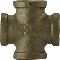 A bronze-colored metal cross-shaped pipe fitting with threaded connections. 1/4 Lead-Free Imported Cross