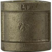A bronze-colored metal coupling fitting with threaded ends, marked with the label 'LFB', indicating it is lead-free brass. 3 Lead-Free Imported Coupling