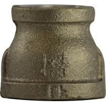 A bronze-colored lead-free imported coupling for plumbing, showing a reduction in diameter with threaded connections. 1-1/2 x 3/4 Lead-Free Imported Coupling