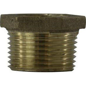 A bronze hexagonal bushing with threaded connections, typically used in plumbing systems.