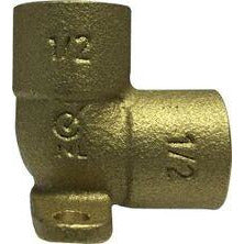 A 90-degree elbow brass plumbing fitting with 1/2 inch connection sizes, showing the terms '1/2' and '12' engraved on it, indicating its dimensions - 1/2 Sweat X 1/2 Female Iron Pipe Lead-Free Brass Drop Ear 90