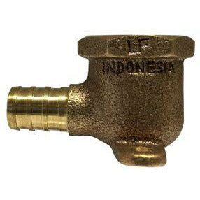 A bronze 90-degree elbow plumbing fitting with a threaded female iron pipe (FIP) end and a barbed PEX end - 1/2 Female Iron Pipe X 1/2 PEX Led-Free Bronze Drop Ear 90