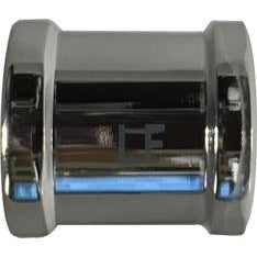 A 3/8 inch coupling pipe connector made of metal, with a reflective silver finish - 3/8 Chrome Plated Coupling AB 1953