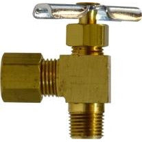 Heavy pattern brass body needle valve, compression connection to male NPT pipe thread - 1/4 X 1/8 Compression X Male Heavy Pattern 90 Needle Valve