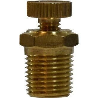 A gold-colored 303 stainless steel multi purpose air vent with a threaded connection. - 1/8 303 Stainless Steel Multi Purpose Air Vent