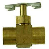 A brass heavy pattern needle valve with a steel handle, showing the 1/4 Female Iron Pipe X Female Iron Pipe connection type. - 1/4 Female Iron Pipe X Female Iron Pipe Heavy Pattern Needle Valve