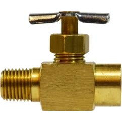 A brass needle valve with a steel handle, showing the 1/4 male iron pipe x female iron pipe connection. - 1/4 Male Iron Pipe X Female Iron Pipe Light Pattern Needle Valve