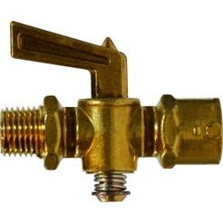 A gold-colored brass shut-off valve with a handle, showing the 1/4 male iron pipe and female iron pipe connections. - 1/4 Male Iron Pipe x Female Iron Pipe Shut Off Cock 150 PSI