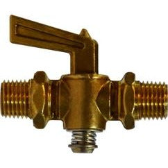 A gold-colored brass shut-off cock with male iron pipe connections. - 1/4 Male Iron Pipe x Male Iron Pipe Shut Off Cock 150 PSI
