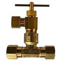 A bronze-colored lead-free brass compression valve with a handle on top for turning the valve on and off. - Led Free 778 AWV 1/4 X 3/8 Valve