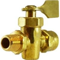 A solid bottom fuel valve with a brass body, featuring a lever for operation and connections for 3/8 female and male fuel lines. - 3/8 Female X Male Solid Bottom Fuel Valve