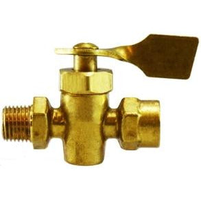 A gold-colored brass Male x Male Solid Bottom Fuel Valve with a lever for turning it on or off. - 1/4 Male X Male Solid Bottom Fuel Valve