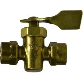 A gold-colored brass fuel valve with a lever handle for turning the valve on and off. - 1/4 Female x Female Solid Bottom Fuel Valve