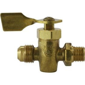 A solid bottom design brass fuel valve with a lever operator, flared connections, and male threading. - 3/8 Flare x Male Solid Bottom Fuel Valve