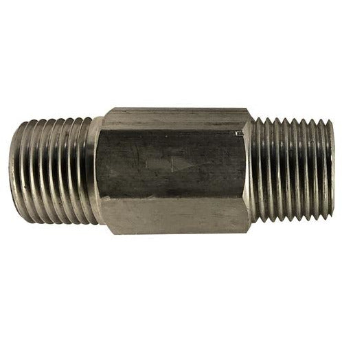 An aluminum anti-siphon valve with male iron pipe threads on both ends. - 3/8 Male Iron Pipe x Male Iron Pipe Aluminum Anti-Siphon Valve