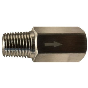 An aluminum anti-siphon valve with male iron pipe thread on one end and female iron pipe thread on the other. - 3/8 Male Iron Pipe x 3/8 Female Iron Pipe Aluminum Anti-Siphon Valve