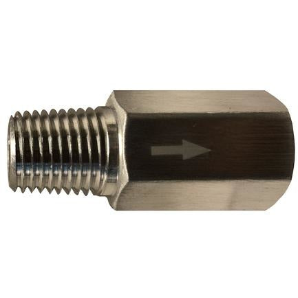 An aluminum anti-siphon valve with male iron pipe thread on one end and female iron pipe thread on the other. - 3/8 Male Iron Pipe x 3/8 Female Iron Pipe Aluminum Anti-Siphon Valve