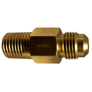 Brass check valve with 3/8 flare and 1/4 male iron pipe connection for secure fluid flow control - 3/8 Flare x 1/4 Male Iron Pipe Brass Check Valve