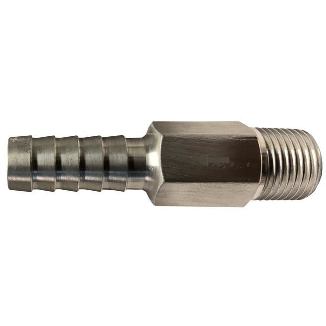 An anti-siphon valve with a hose barb on one end and a male iron pipe threaded port on the other, made from silver-colored aluminum. - 3/8 Hose Barb x 3/8 Male Iron Pipe Aluminum Anti-Siphon Valve